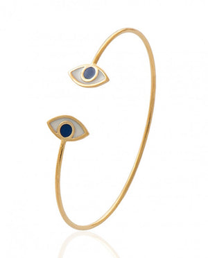 Double Evil Eye Gold & Blue Bangle Bracelet